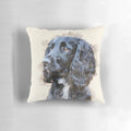 A decorative autumn-themed pillow featuring a beautiful black spaniel dog breed.