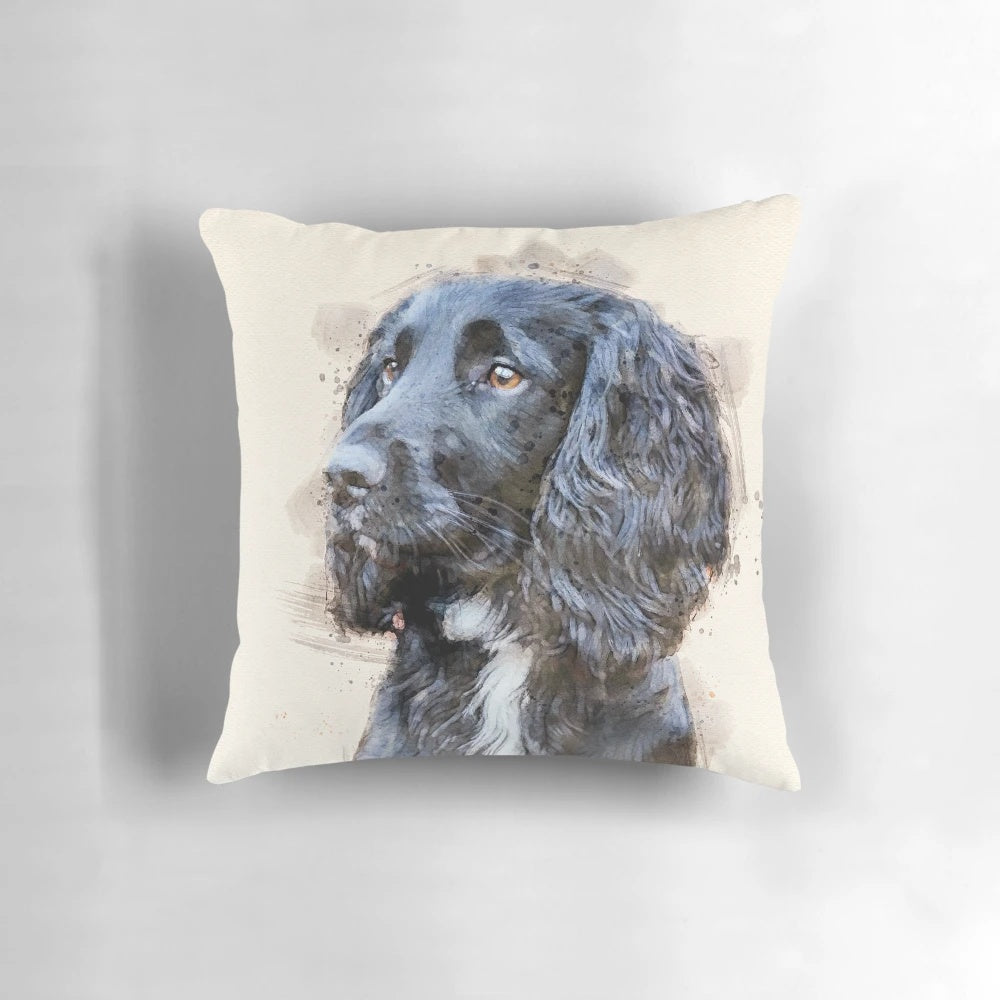 A decorative autumn-themed pillow featuring a beautiful black spaniel dog breed.