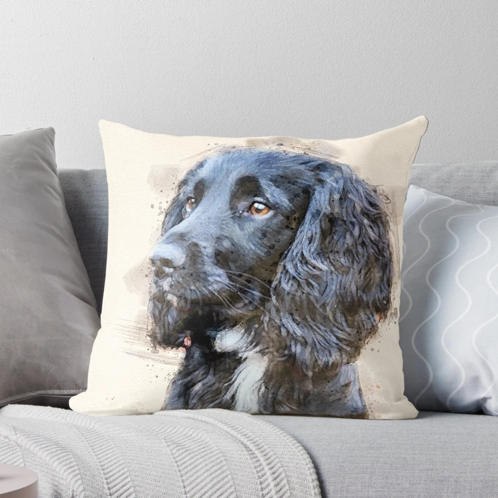 A decorative autumn-themed pillow featuring a beautiful black spaniel dog breed.