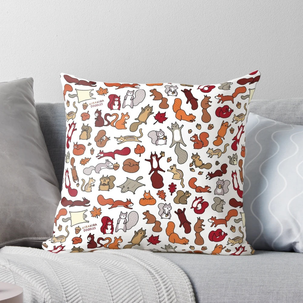 Vibrant doodle illustration of playful squirrels on a decorative autumn-themed pillow
