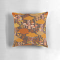 Autumn tree house pillow with mushrooms, fairies, and gnomes in a magical forest setting