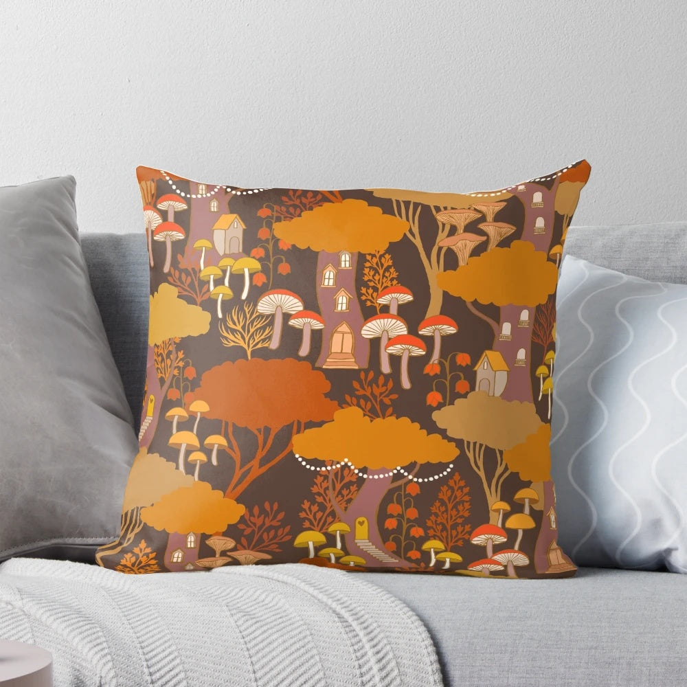 Autumn tree house pillow with mushrooms, fairies, and gnomes in a magical forest setting
