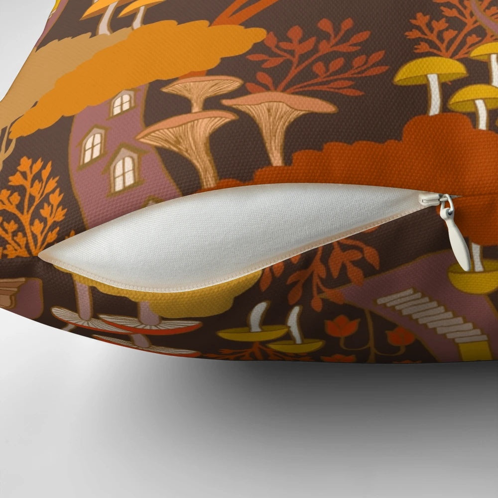Autumn tree house pillow with mushrooms, fairies, and gnomes in a magical forest setting