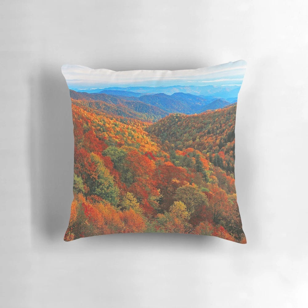 Autumn landscape art pillow featuring a scenic view of the Smoky Mountains in North Carolina