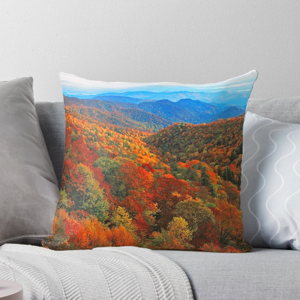 Autumn landscape art pillow featuring a scenic view of the Smoky Mountains in North Carolina