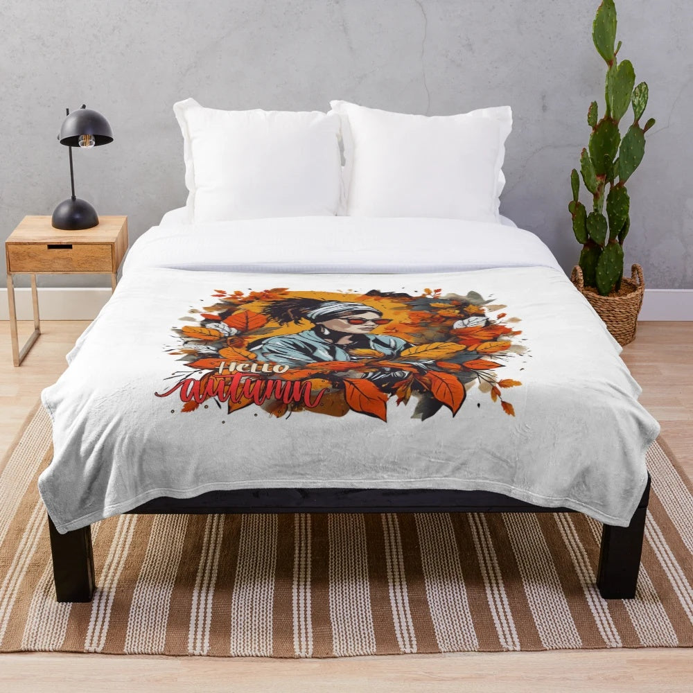 Autumn Vibes Cozy Plush Blanket with Urban Fall Aesthetic Art