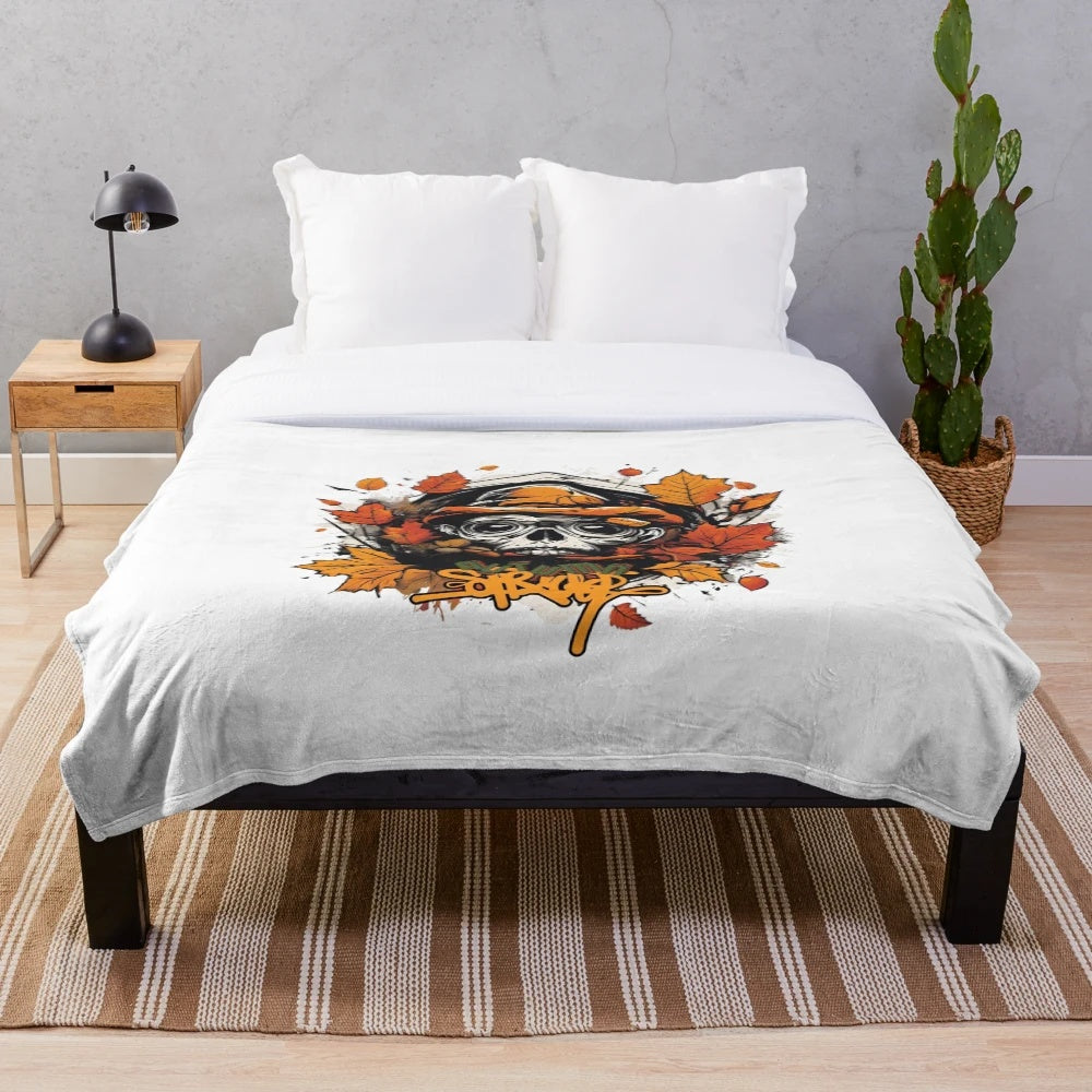 Cozy autumn vibes plush blanket featuring urban street art-inspired fall design
