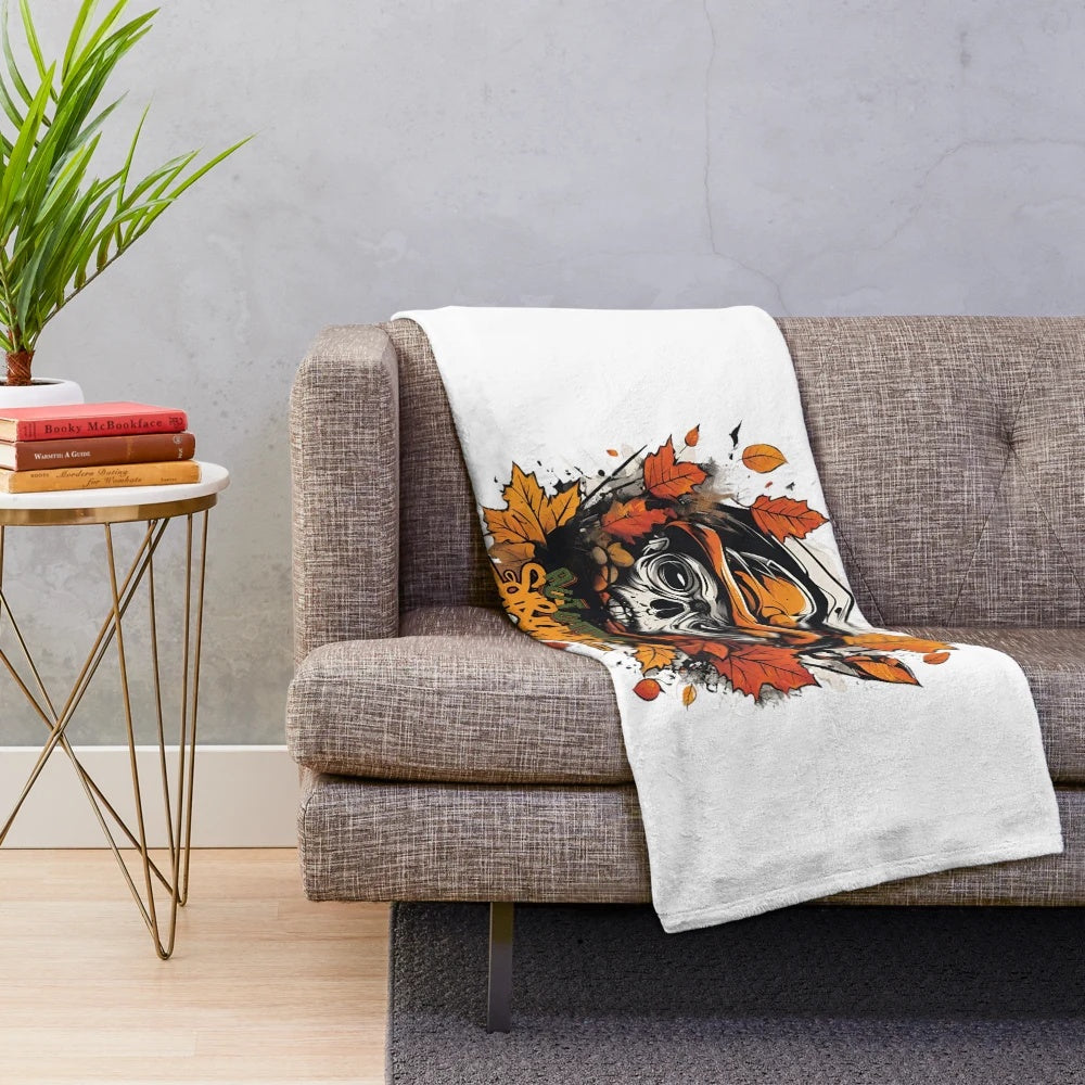 Cozy autumn vibes plush blanket featuring urban street art-inspired fall design