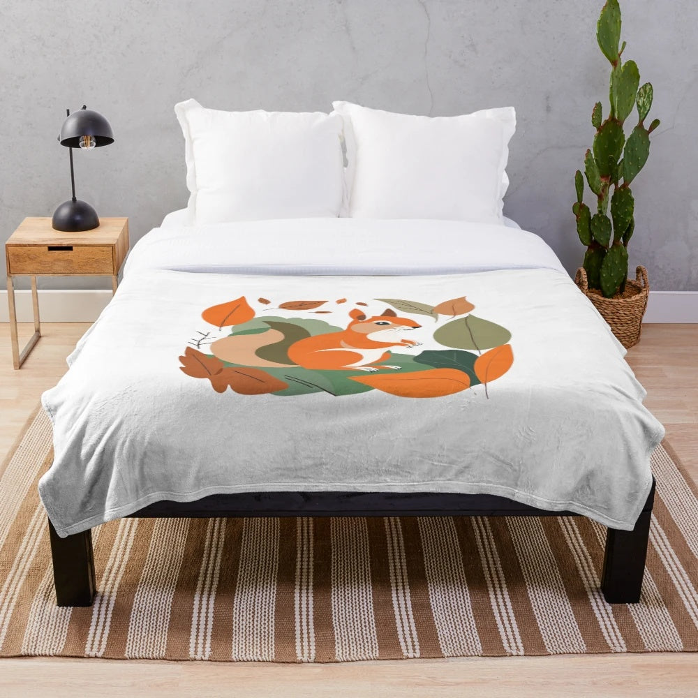 Autumn-themed plush blanket featuring a watercolor-style design of a cute squirrel and fall foliage