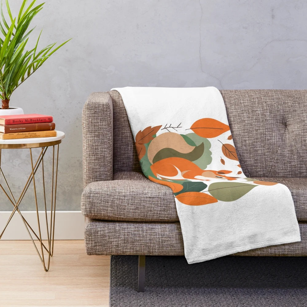 Autumn-themed plush blanket featuring a watercolor-style design of a cute squirrel and fall foliage