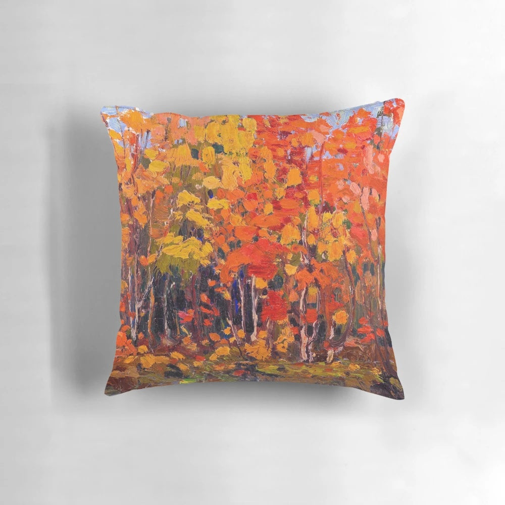 Autumn wood inspired pillow featuring a vibrant fall landscape