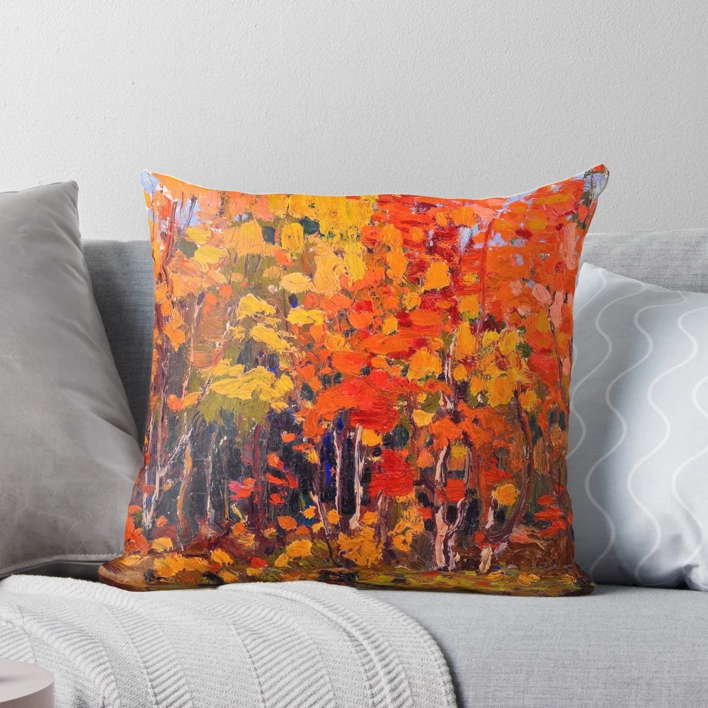 Autumn wood inspired pillow featuring a vibrant fall landscape