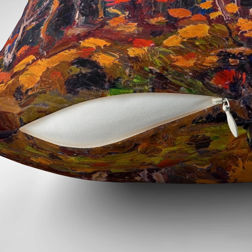 Autumn wood inspired pillow featuring a vibrant fall landscape