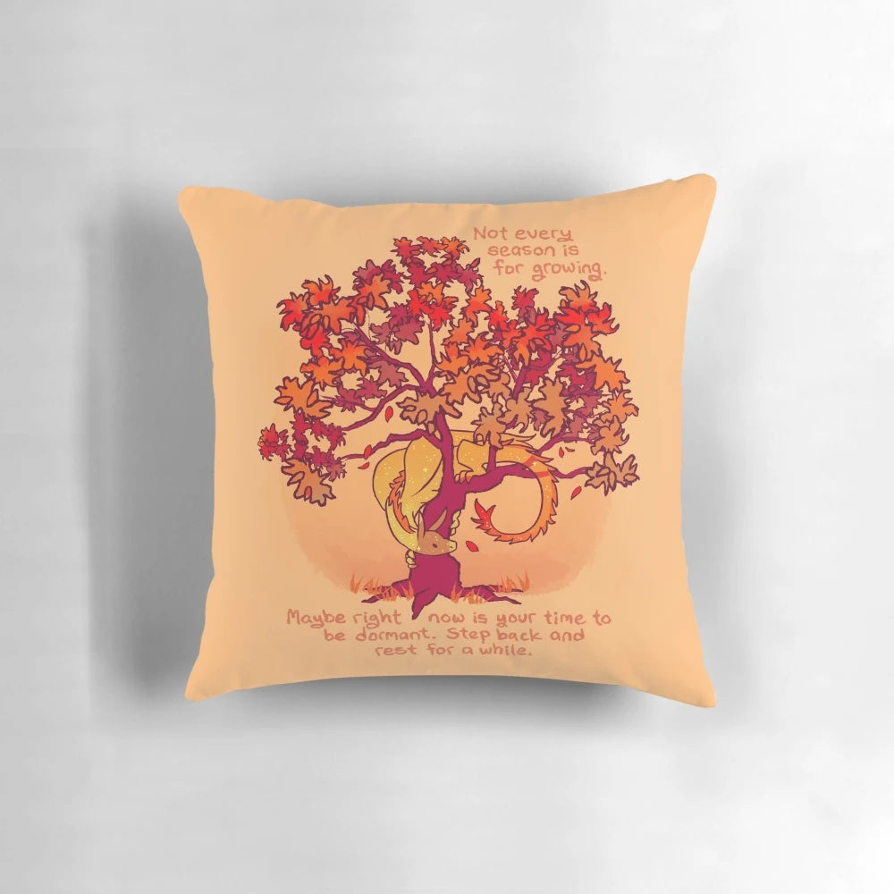 Cozy autumn leaves and dragon forest spirit design pillow for mindfulness, self-love, and mental wellness