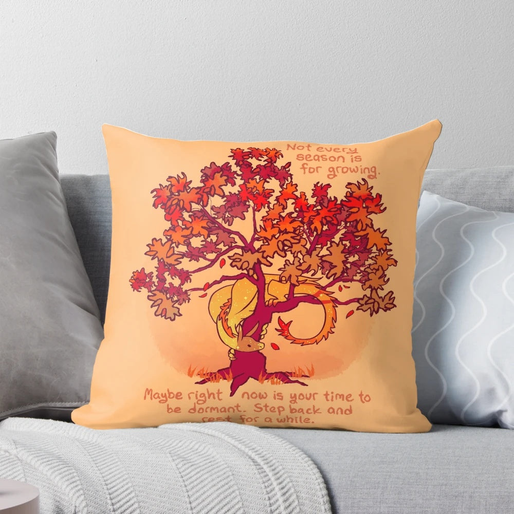 Cozy autumn leaves and dragon forest spirit design pillow for mindfulness, self-love, and mental wellness