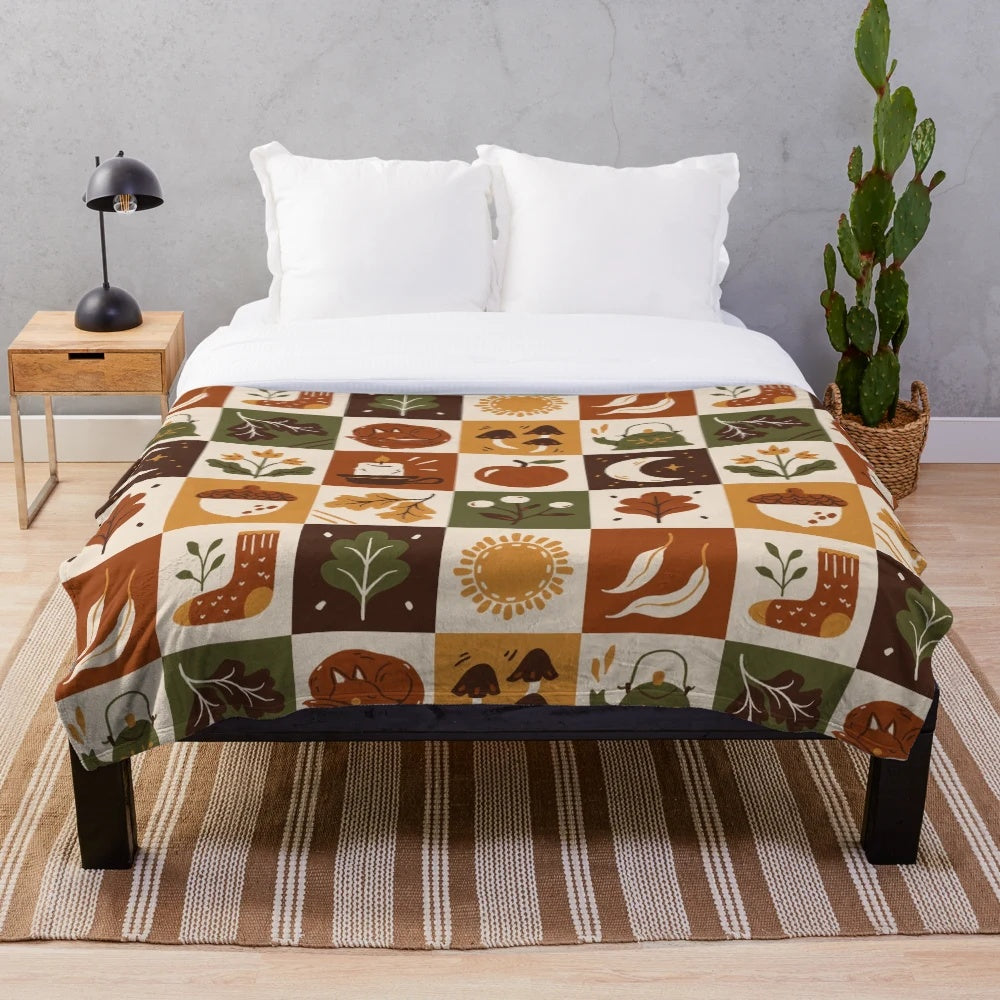 Fall equinox plush blanket with botanical and nature-inspired design