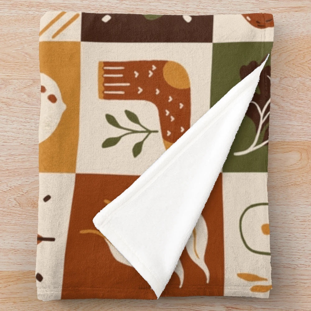 Fall equinox plush blanket with botanical and nature-inspired design