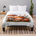 Whimsical illustration of autumn mushrooms and pumpkins on a cozy plush blanket
