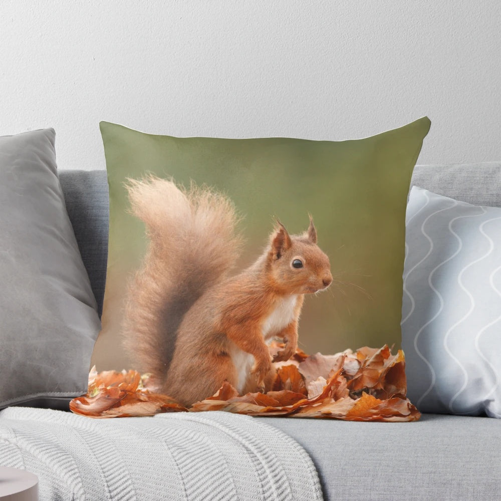 Cozy throw pillow featuring a vibrant red squirrel in an autumnal landscape