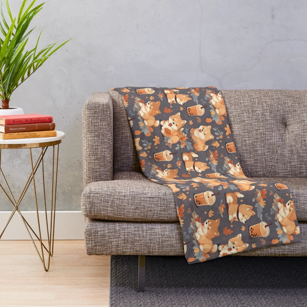 Shiba Inu Plush Blanket with Autumnal Seamless Pattern Design