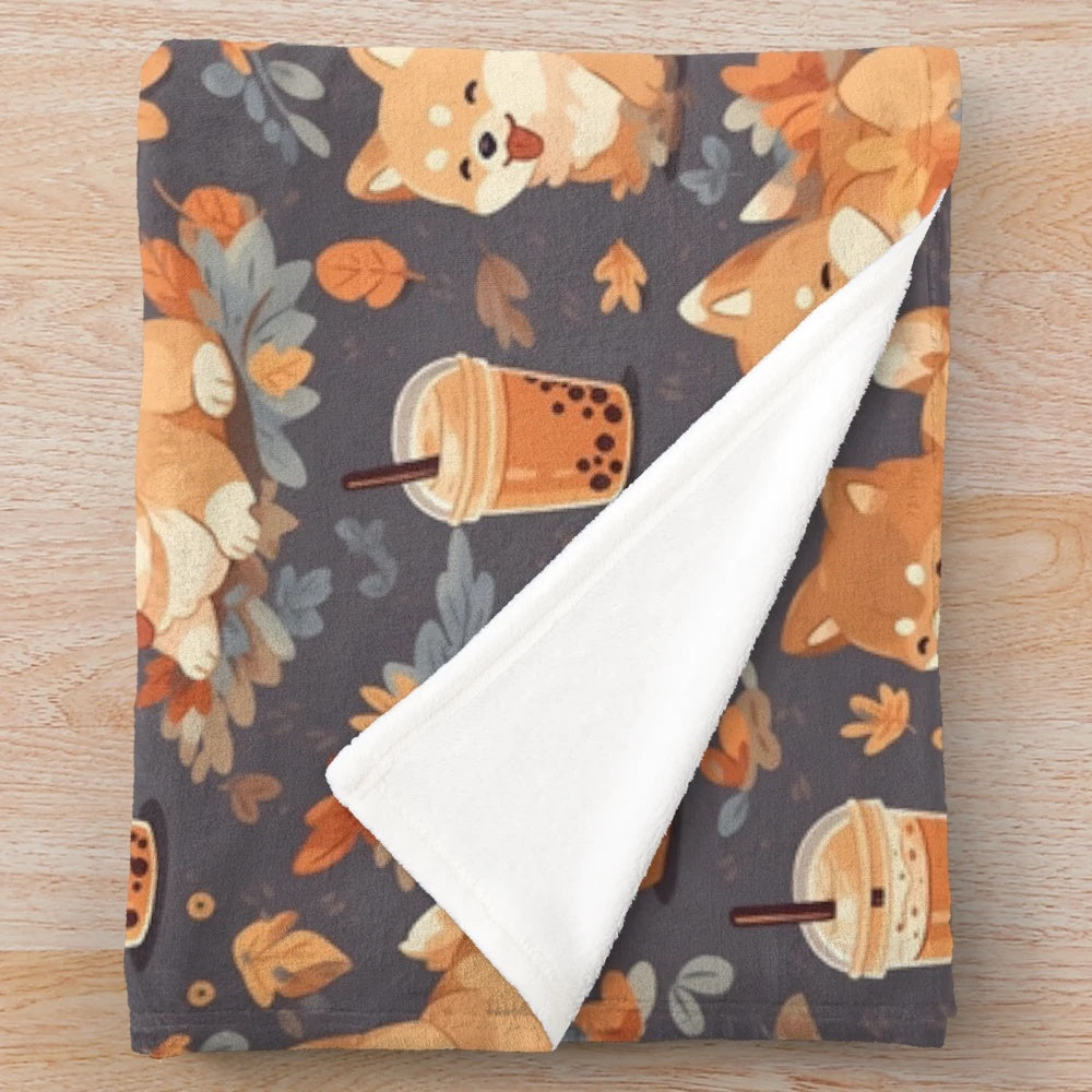 Shiba Inu Plush Blanket with Autumnal Seamless Pattern Design