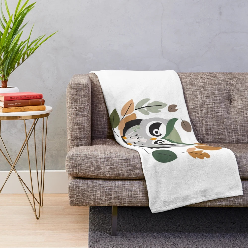 Autumnal wildlife plush blanket featuring cute cartoon owls and other fall animals