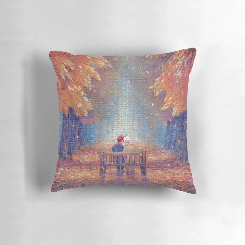 Autumn-themed pillow with angelic and demonic imagery, perfect for couples