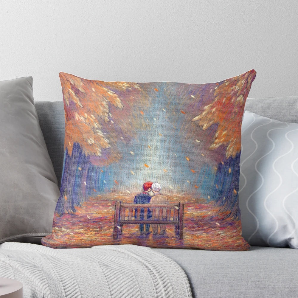 Autumn-themed pillow with angelic and demonic imagery, perfect for couples