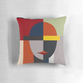 An abstract, geometric, and colorful pillow design featuring a minimalist and contemporary interpretation of the human form.