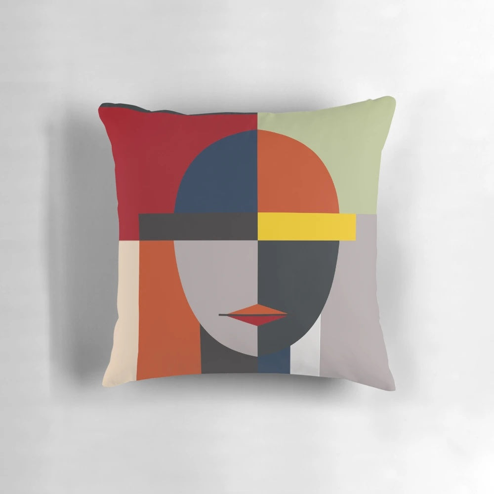 An abstract, geometric, and colorful pillow design featuring a minimalist and contemporary interpretation of the human form.