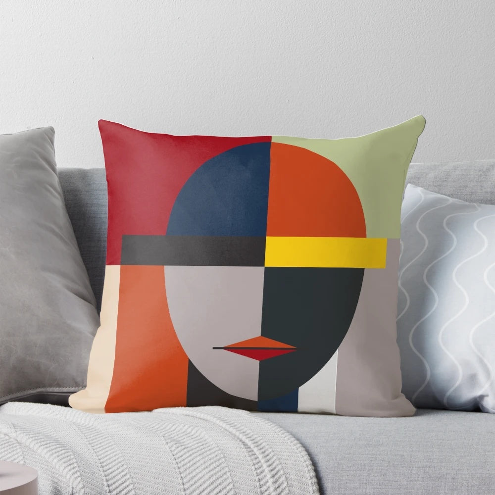 An abstract, geometric, and colorful pillow design featuring a minimalist and contemporary interpretation of the human form.