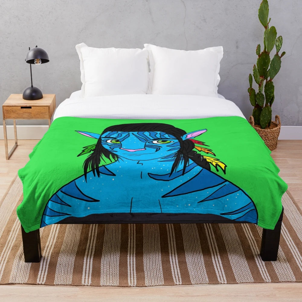 Avatar-inspired plush blanket featuring Jake Sully and Navi blue stripes