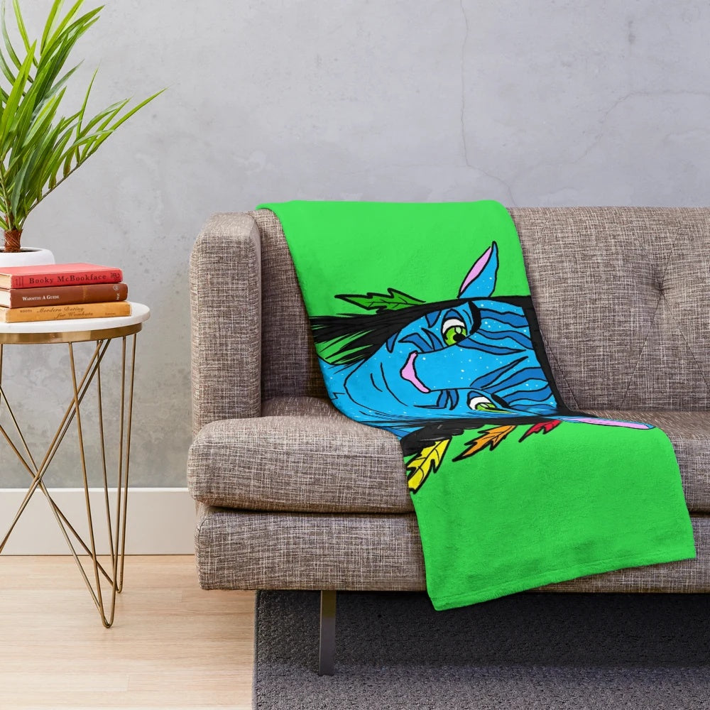 Avatar-inspired plush blanket featuring Jake Sully and Navi blue stripes