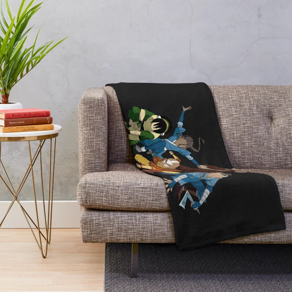 Avatar The Last Airbender inspired group plush blanket featuring Aang, Zuko, Appa, Sokka, Katara, and Korra