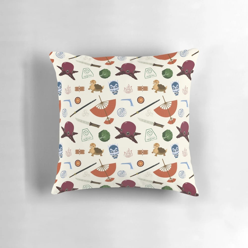 An Avatar: The Last Airbender inspired decorative pillow featuring a colorful pattern.
