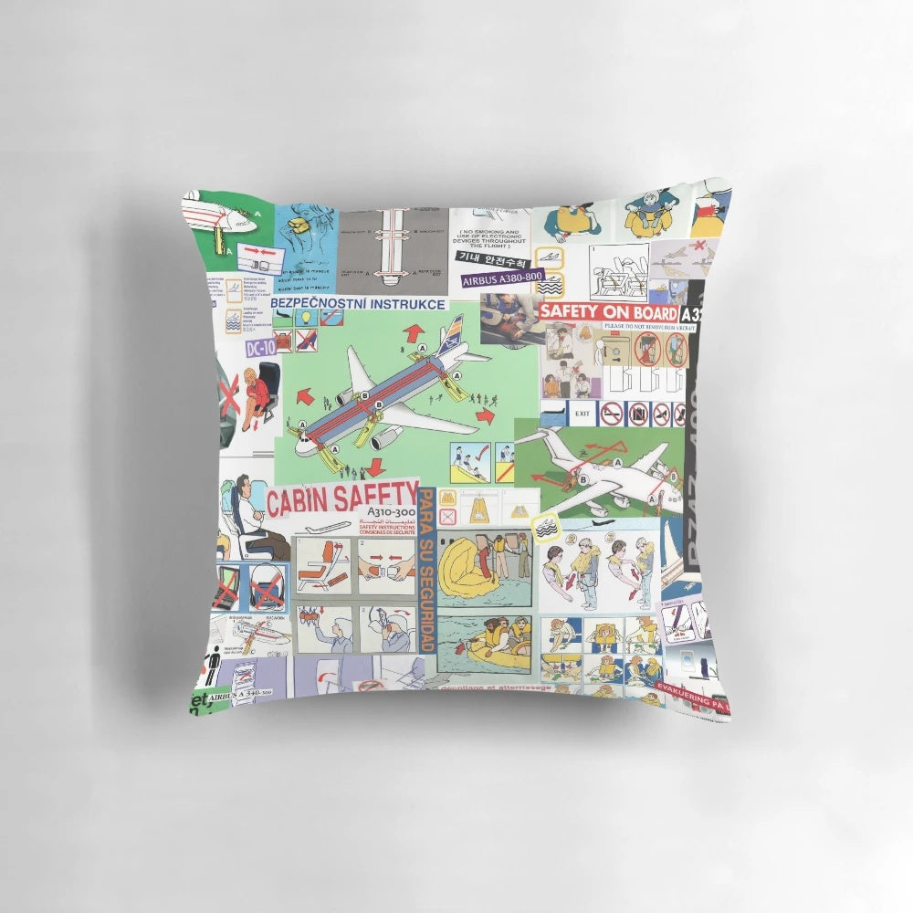 Collage-style decorative throw pillow featuring aviation-themed graphics and imagery for home and office decor.