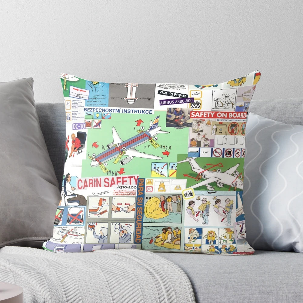 Collage-style decorative throw pillow featuring aviation-themed graphics and imagery for home and office decor.