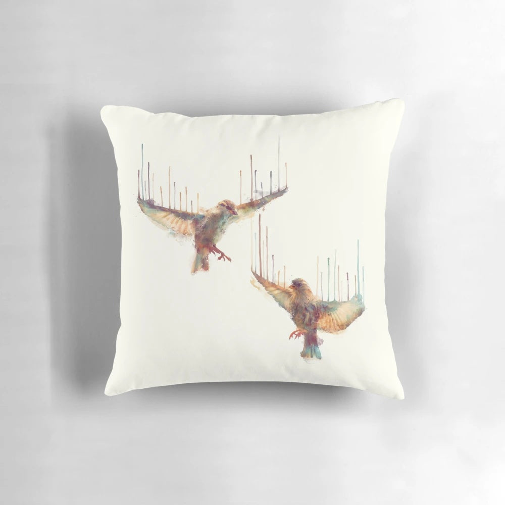 Awake Pillow, a decorative watercolor pillow with a beautiful bird design, perfect for adding nature-inspired style to your bedroom.