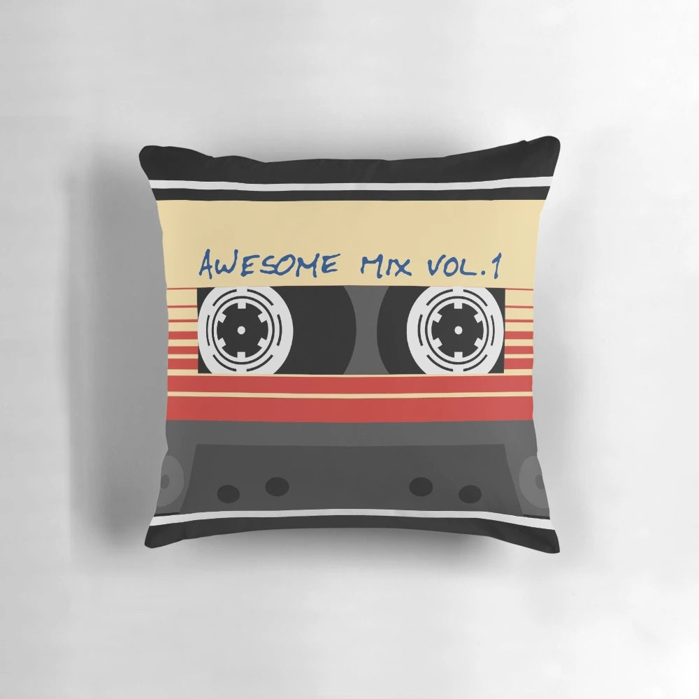 Awesome Mixtape Vol 1 Retro Music Pillow featuring a retro cassette tape design inspired by Guardians of the Galaxy