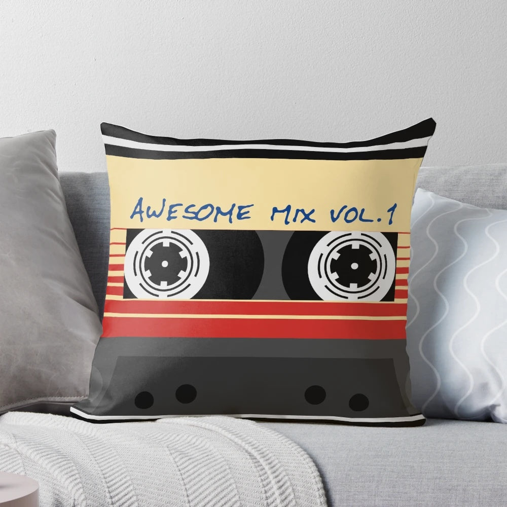 Awesome Mixtape Vol 1 Retro Music Pillow featuring a retro cassette tape design inspired by Guardians of the Galaxy