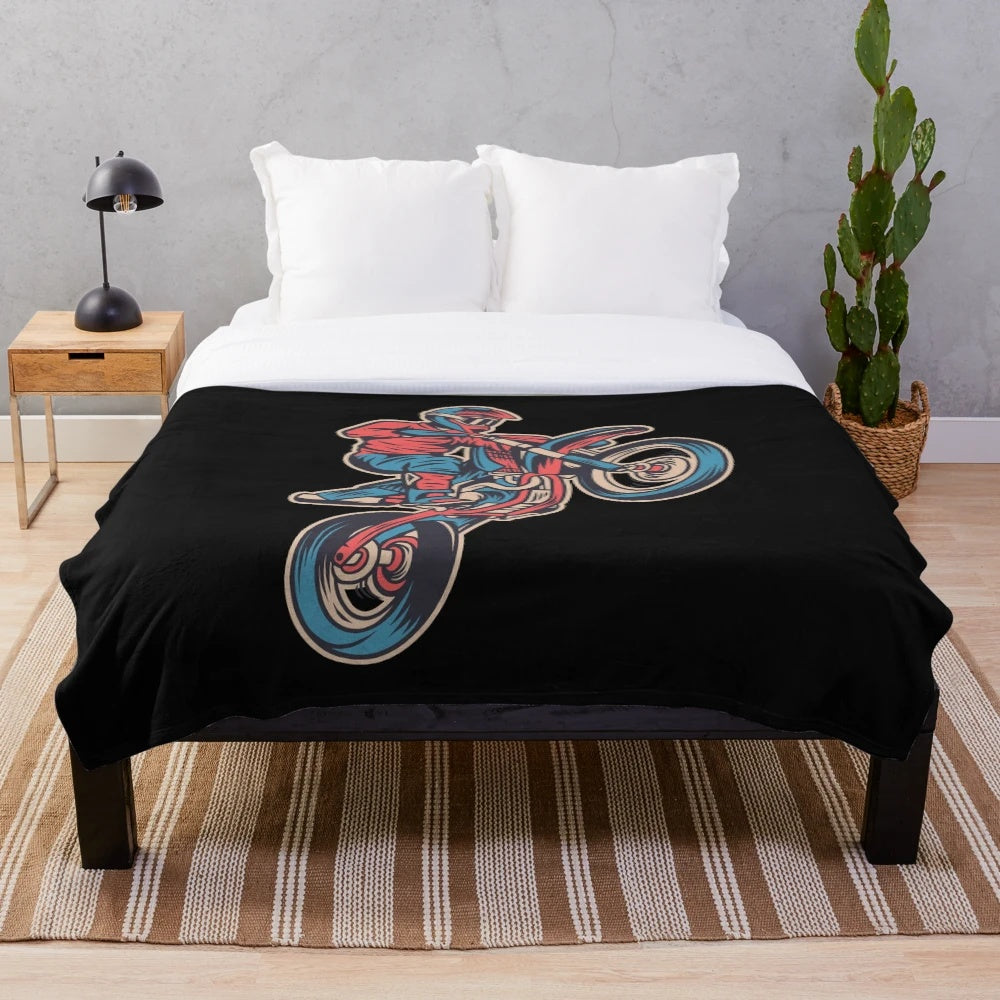 Motocross wheelie plush blanket featuring a watercolor motorcycle design