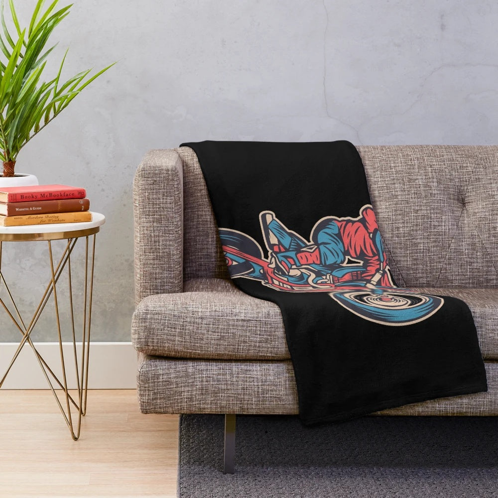 Motocross wheelie plush blanket featuring a watercolor motorcycle design