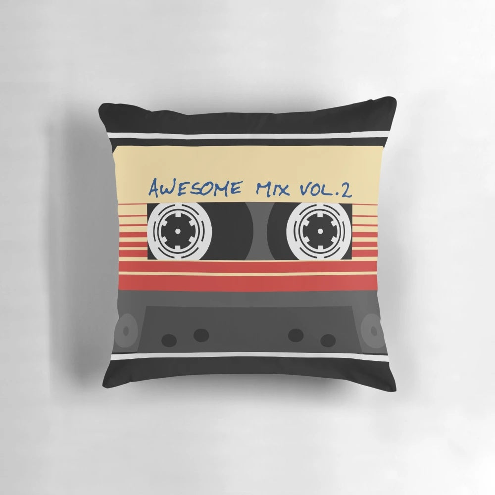 An awesome, retro-style cassette tape pillow featuring a mixtape design with a Guardians of the Galaxy theme.