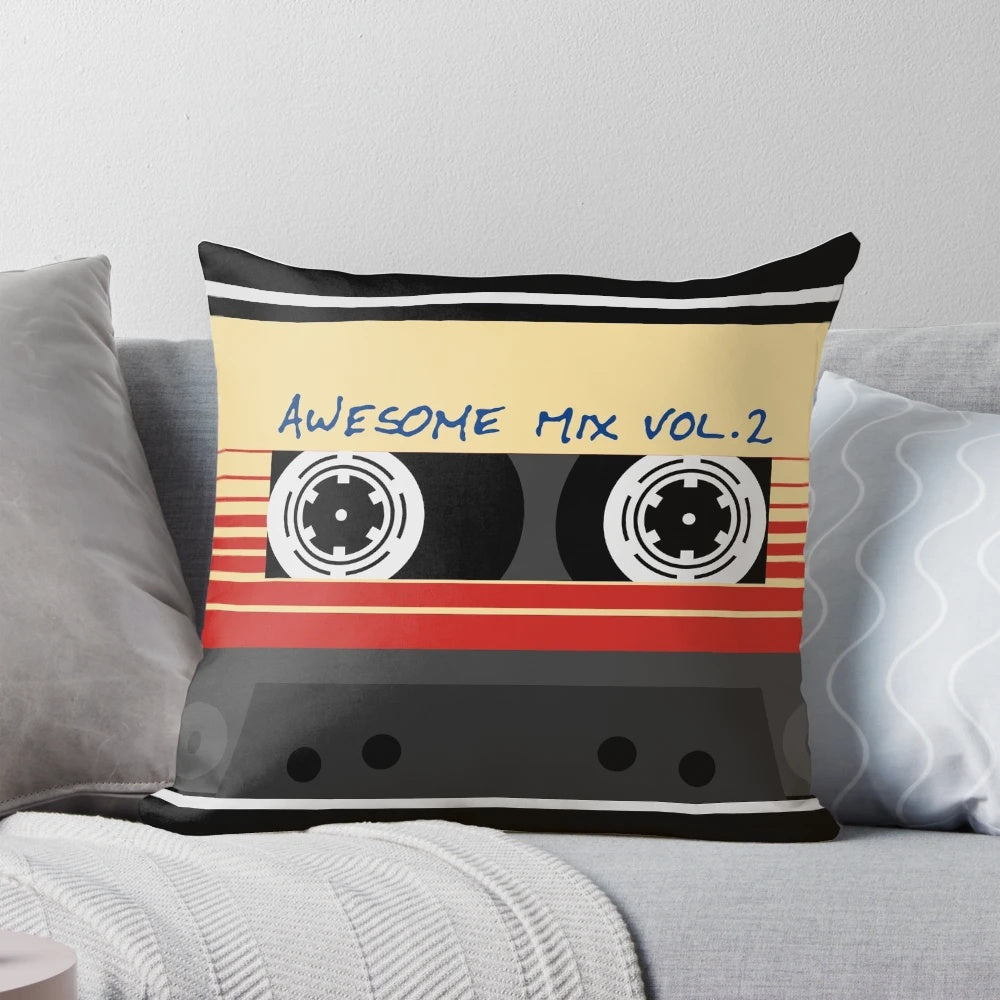 An awesome, retro-style cassette tape pillow featuring a mixtape design with a Guardians of the Galaxy theme.
