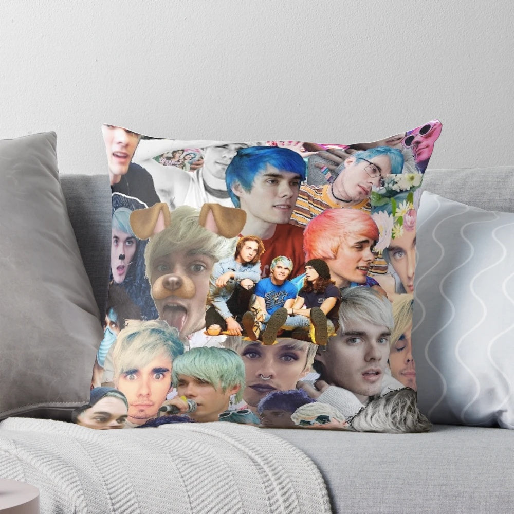Awsten Knight inspired collage pattern printed on a plush pillow
