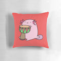 An axolotl playing a djembe drum, a unique and whimsical musical instrument-themed pillow.