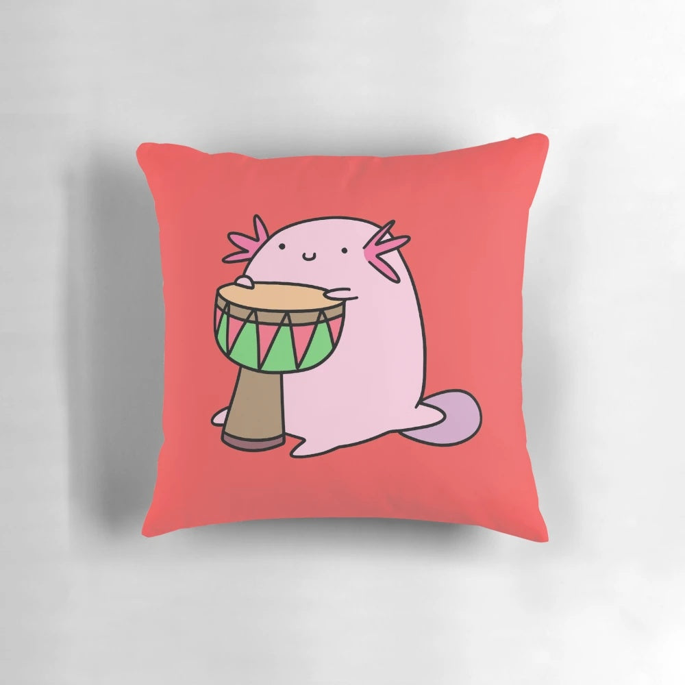 An axolotl playing a djembe drum, a unique and whimsical musical instrument-themed pillow.