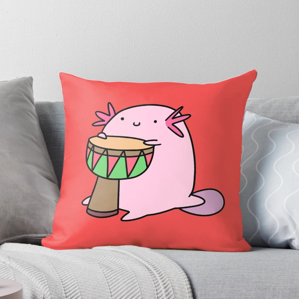 An axolotl playing a djembe drum, a unique and whimsical musical instrument-themed pillow.