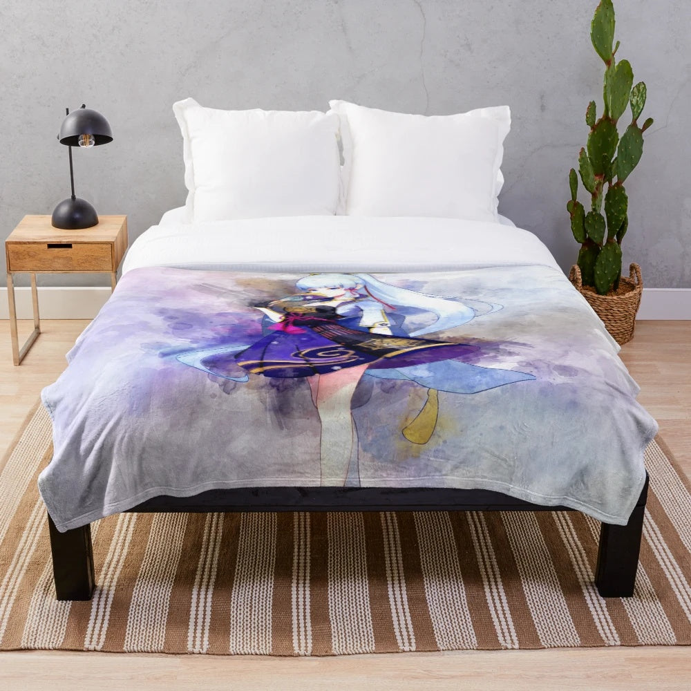 Genshin Impact Ayaka themed plush blanket with watercolor art
