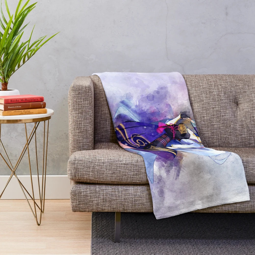 Genshin Impact Ayaka themed plush blanket with watercolor art